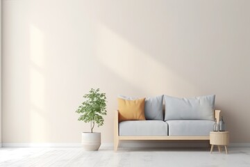 pastel colored minimalistic sofa decorative plants, empty mock up wall modern living room interior