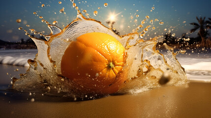 Orange on the sand at the beach, at summer on sea with blue sky background and water splashes. AI generated