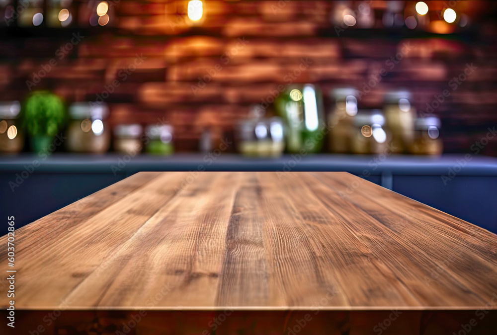 Aufkleber empty wooden table and blurred background of kitchen. for product display