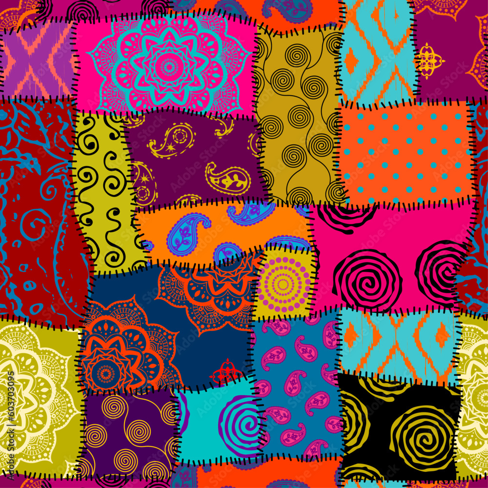 Poster textille patchwork pattern. seamless vector image. bright tribal patchwork.