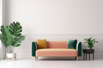 soft colors sofa near decorative plants, empty mock up wall in living room stylish interior design