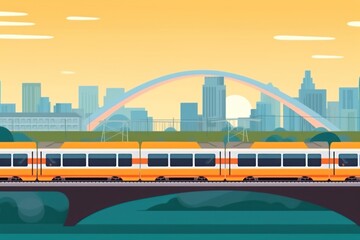 passenger train passing bustling train station in a city, modern public vehicle along rail line