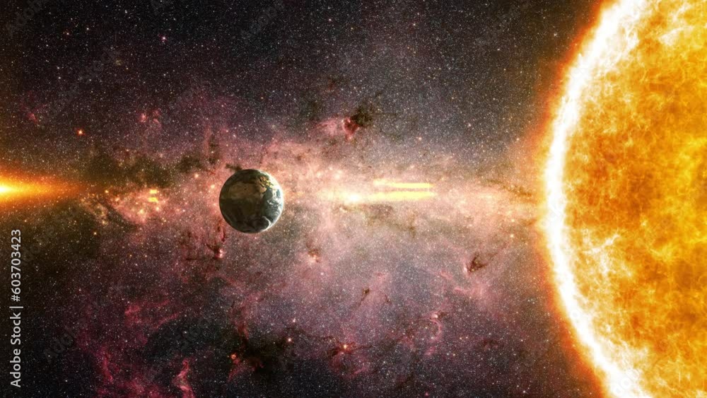 Poster earth planet with sun star at the galatic center milky way galaxy space background abstract universe