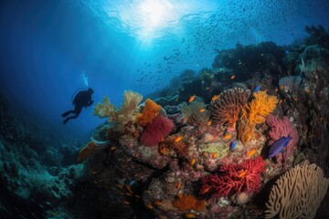 Naklejka na ściany i meble Diving into Color: Capturing the Beauty of a Scuba Diver in a Colorful Coral Reef