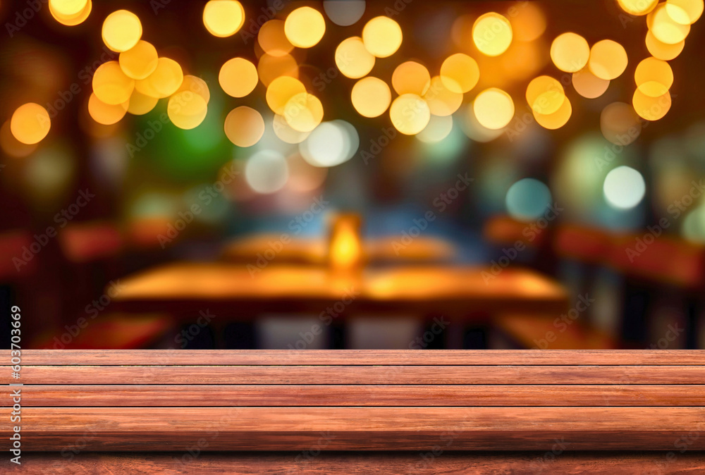 Aufkleber empty wooden table and abstract blurred background of cafe or restaurant. ready for product display 