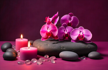 Obraz na płótnie Canvas stones, orchid and candle on spa table