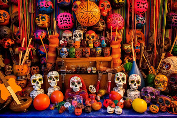 Fototapeta premium A display of colorful skulls and guitars for sale. AI generative. Day of the Dead picturesque display