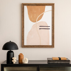 Creative composition of living room interior with mock up poster frame, black commode, lamp,...