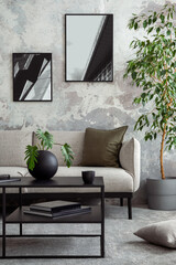 Interior design of concrete living room with mock up poster frame, gray sofa, green pillow, coffee table, round vase with dried flowers, plants and personal accessories. Home decor. Template.