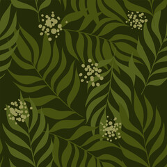 botanical green leaves seamless print. abstract floral background. calm pattern of scattered twigs.