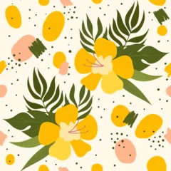 Foto op Canvas juicy tropical pattern with yellow flowers. colorful background with flowers and leaves. tropical interior decoration. © raykova