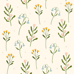 small plants on a light background. small flowers scattered around the background. gentle pastel background with colorful flowers.