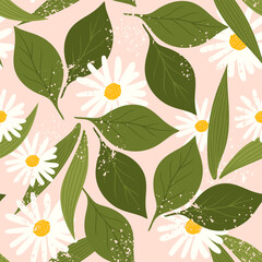 seamless pattern leaves and daisies on a pink background. cute pattern with botanical motif. petals and greenery scattered over a light background.