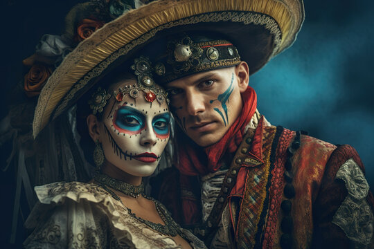 A Man And A Woman Dressed Up In Costumes. AI Generative. Day Of The Dead Traditional Costumes And Makeup