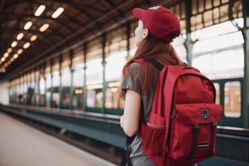railway station, woman with backpack awaits arrival of passenger train. train travel