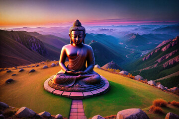 A large statue of the Buddha in sunset mountains. Generated AI