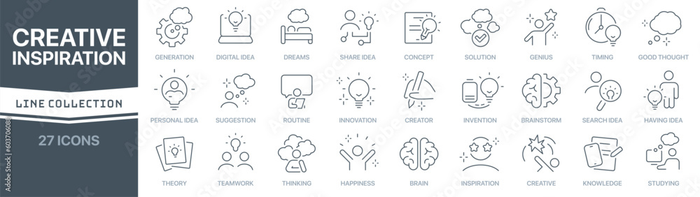 Poster creative and inspiration linear signed icon collection. signed thin line icons collection. set of cr