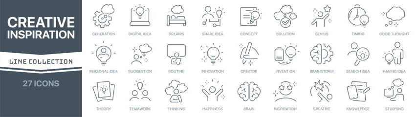 Creative and inspiration linear signed icon collection. Signed thin line icons collection. Set of creative and inspiration simple outline icons