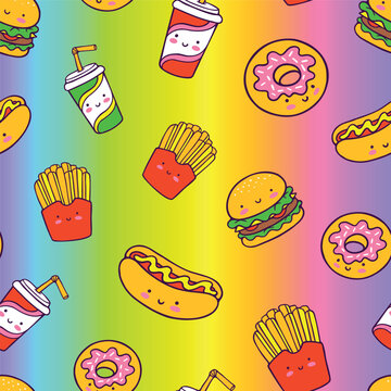 Street food and drinks characters abstract seamless pattern