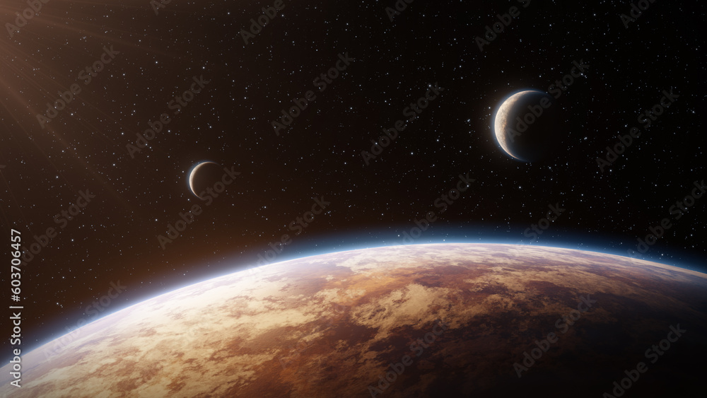 Wall mural view of the surface of a red planet in space with two moons or small planets in the background. fant