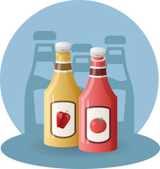 Sauce illustration. Bottle, ketchup, mustard, lid. Editable vector graphic design.
