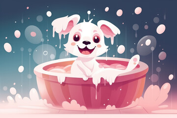 Illustration of Little cute small dog wich waiting for take a bath surrounded bubbles. Generative AI