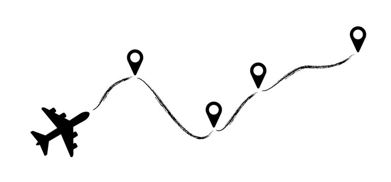 Soaring air plane line path. Take Off airplane, flight route with start point. Vector Aircraft sign. Location pointer. Tracking, vacation, holliday. Travel pointer navigation. Tourism. Route Concept.