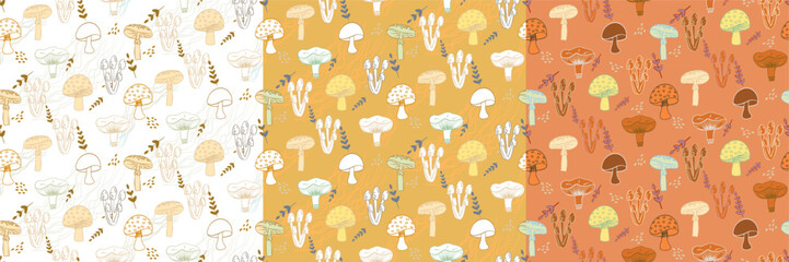 Tree variation vector seamless pattern, with mushrooms