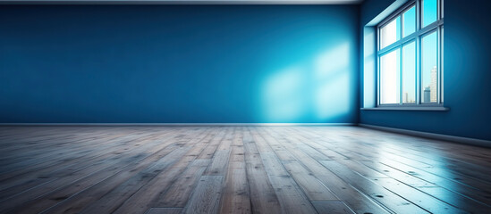 Fototapeta na wymiar Blue empty wall and wooden AI Generated Image