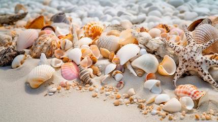 Exquisite Collection of Generative AI Caribbean Shells: A Delicate Arrangement of Vibrant Seashells on Pristine White Sand
