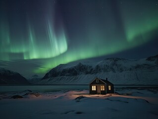 Northern Lights Over a Lone Cabin and Glacier - AI Generated