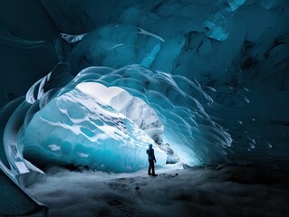 Explorer in the Blue Light of a Glacier Ice Cave - AI Generated