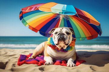 Happy French British bulldog in sunglasses sunbathing at seaside resort sea or ocean water under big rainbow colourful umbrella. Vacation rest in hot country beach concept. Generative AI Technology