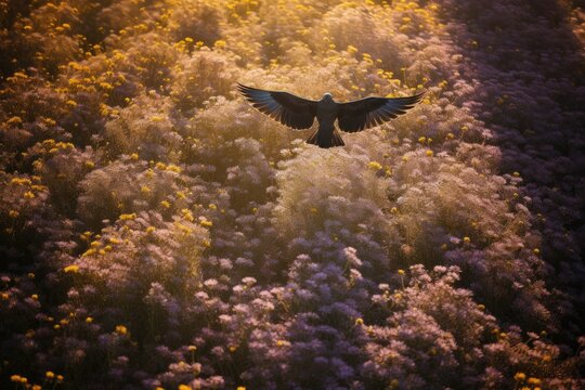 Birds Shadow Over a Field of Blooming Flowers - AI Generated