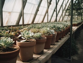 Row of Potted Succulents in a Greenhouse - AI Generated