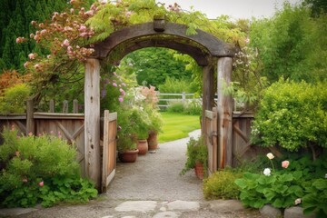 Rustic Wooden Arch at the Entrance of a Garden - AI Generated