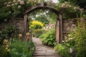 Fototapeta na wymiar Rustic Wooden Arch at the Entrance of a Garden - AI Generated