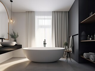 Naklejka na ściany i meble Modern Bathroom Interior with Standalone Bathtub - AI Generated