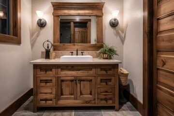 Rustic Bathroom with Wooden Vanity and Ceramic Sink - AI Generated