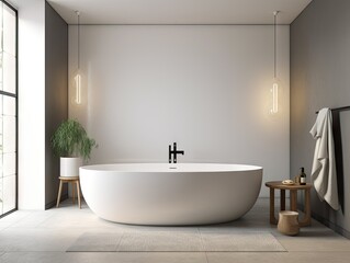 Naklejka na ściany i meble Modern Bathroom Interior with Standalone Bathtub - AI Generated