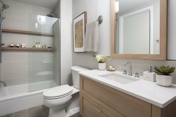 Fototapeta na wymiar Compact Bathroom with Smart Storage Solutions - AI Generated