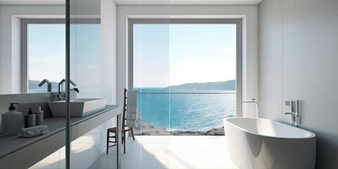 Obraz na płótnie Canvas Bathroom with Open Window Overlooking Ocean - AI Generated
