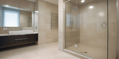 Fototapeta na wymiar Spacious Bathroom with Glass Shower Cabin - AI Generated