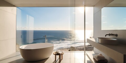Bathroom with Open Window Overlooking Ocean - AI Generated