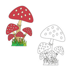 Children's coloring book cartoon mushroom fly agaric with green grass on a white background.