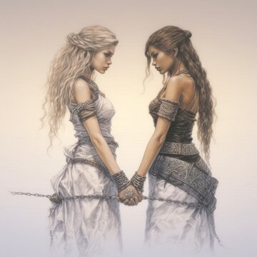 Sketch of two young lesbian females holding hands, bonded in chains, Generative AI