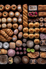 Portugese sweets, flat lay, top view assorted pastry and traditional desserts, AI generative overhead view of knolling arrangement