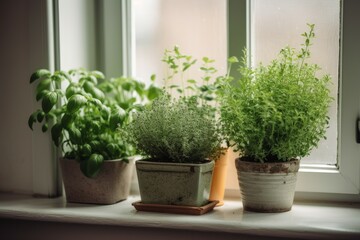 Fototapeta na wymiar Aromatic potted herbs fresh. Generate Ai
