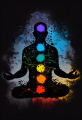 Front view silhouette of a man meditating and all chakras are displayed brightly. AI Generated