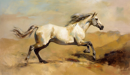 Illustration of a horse running in full gallop, generative AI